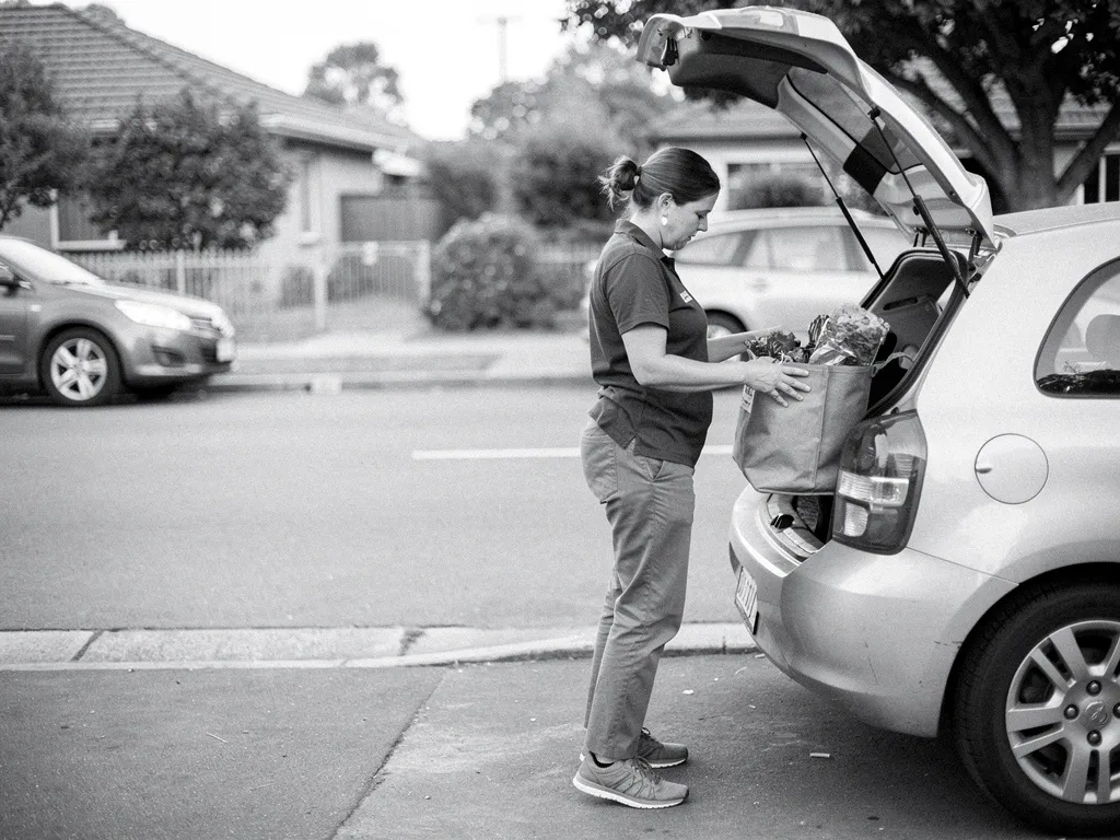 A delivery driver lifts a grocery bag out of her car on a residential street.