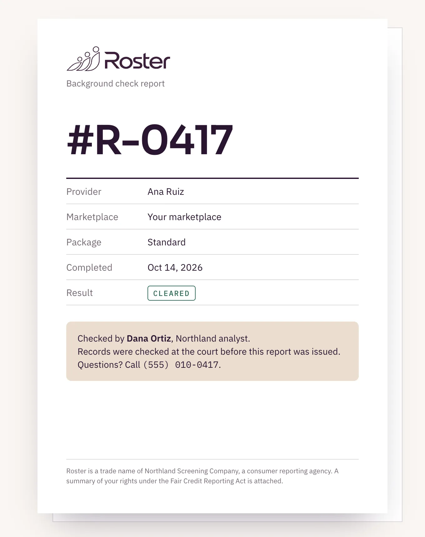 The cover of a Roster PDF report for a cleared provider, naming analyst Dana Ortiz and her direct line.