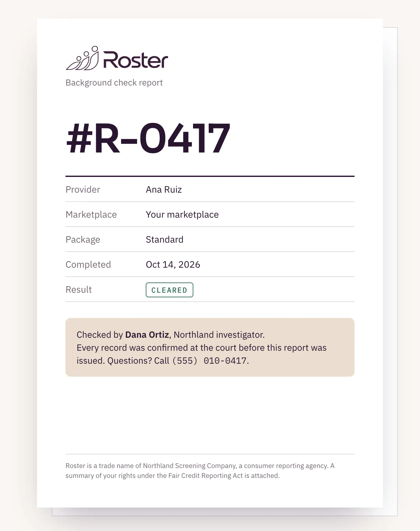 The cover of a Roster PDF report for a cleared provider, naming investigator Dana Ortiz and her direct line.